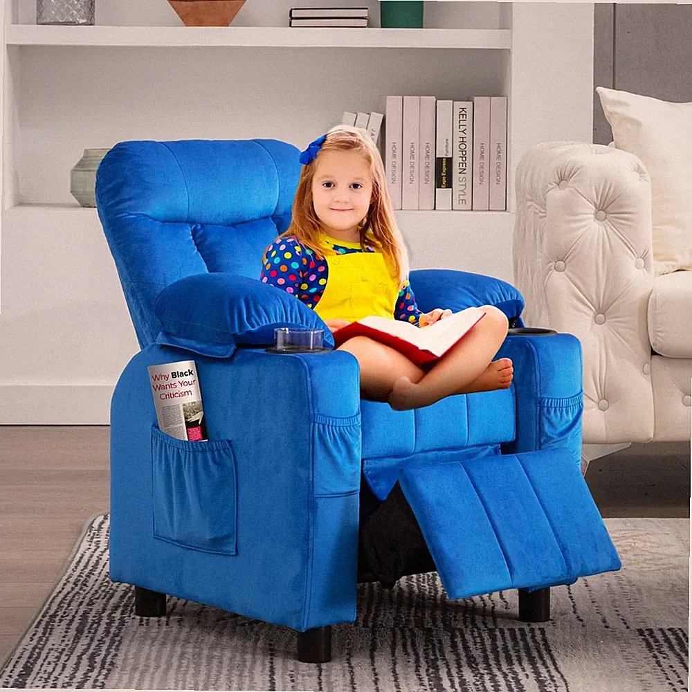 Kids Youth Recliner Chair Adjustabl Velvet Fabric Sofa w/Cup Holder &Side Pocket