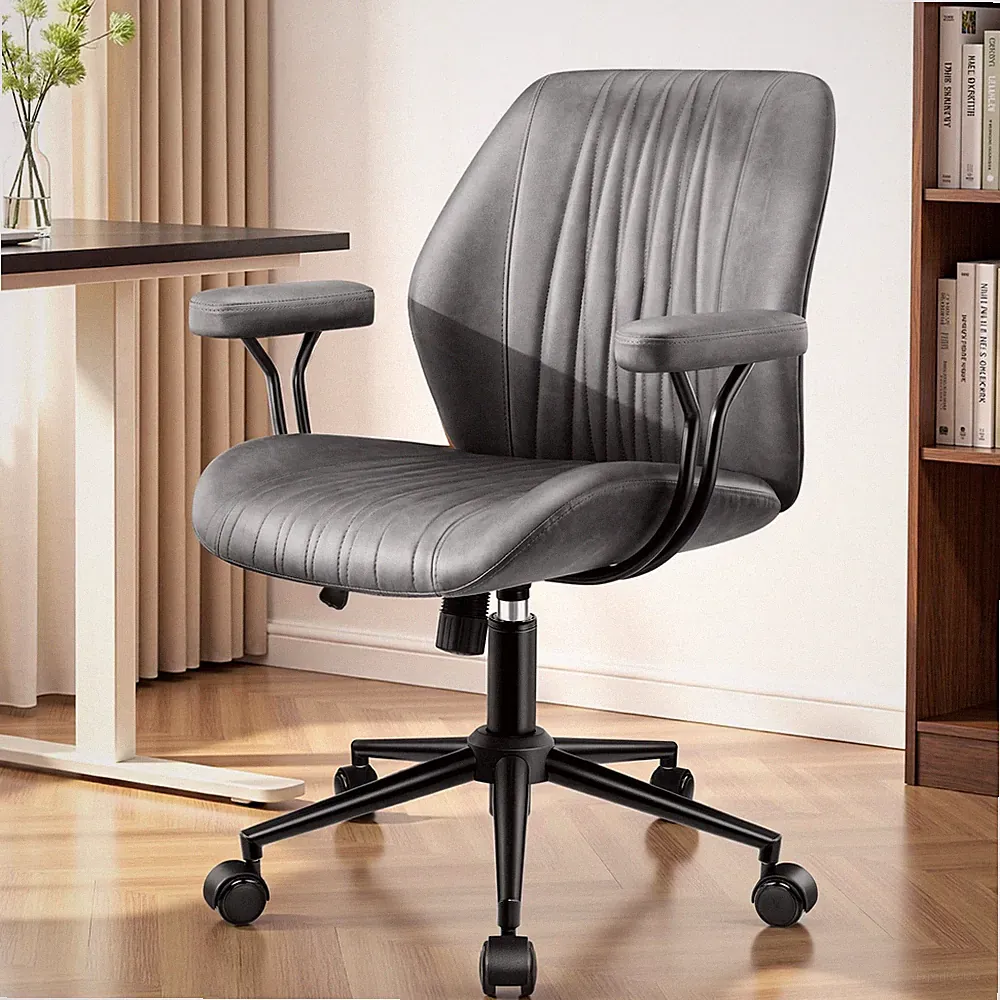 Leather Office Chair with Removable Armrests, Mid Back Ergonomic Desk Chair w...