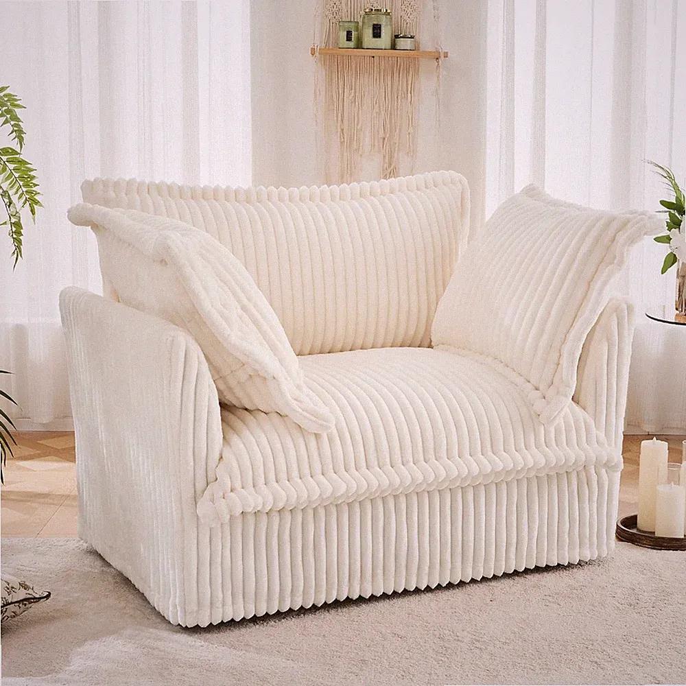 Modern 49" Corduroy Armchair with Big Pillows - Cream Upholstered Sofa
