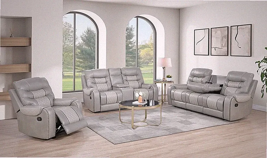 NEW Two-Tone 3PC Leather Gel Gray Sofa Loveseat Chair 5-Recliner Living Room Set