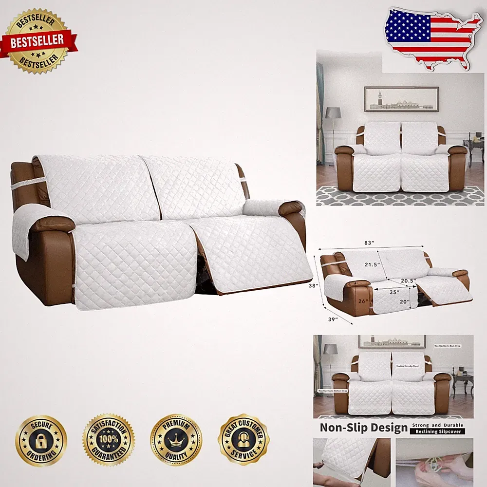 Oversized Recliner Sofa Cover White, Durable Quilted Microfiber Pet & Kid Proof