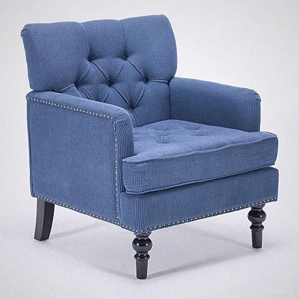 Tufted Club Chair, Padded Button Armchair, Linen Corduroy Sofa Chair, Blue